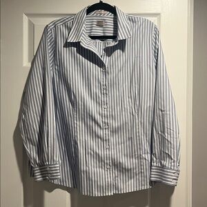 Chicos Shirt Womens 3 US 16 18 Blue Striped No Iron Coolmax All Season Button
